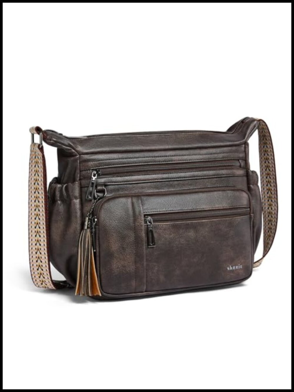 Large Leather Crossbody Bag Multi Pocket Wide Strap Vegan Leather